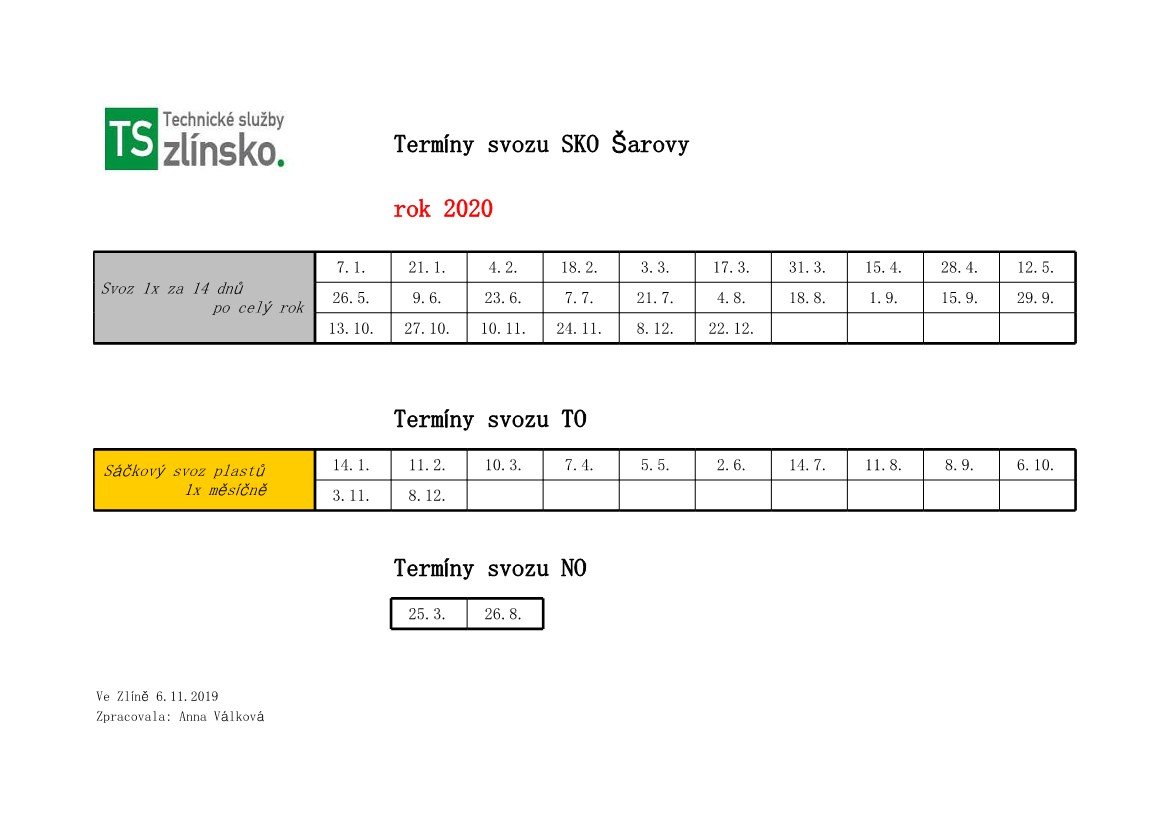 Termíny svozu odpadů pro rok 2020